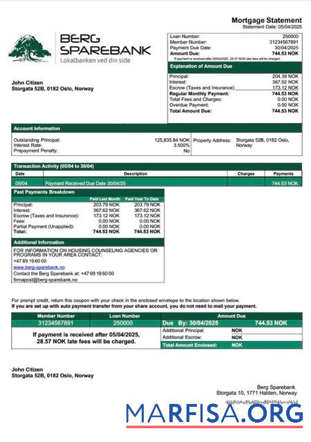 Realistic Norway Berg Sparebank mortgage statement Word and PDF template